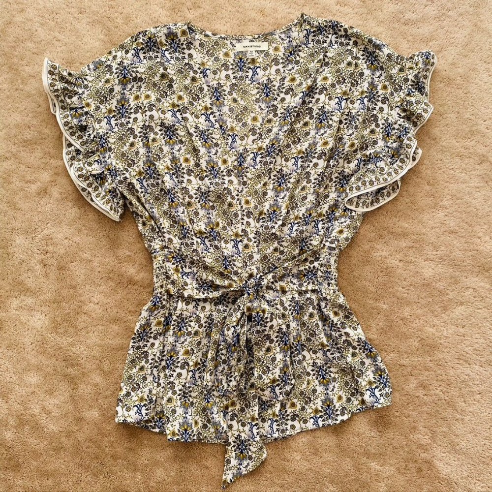 Max Studio Flowy White Top with Navy, Green, and Yellow Floral Print